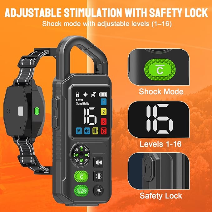 2-in-1 Dog Training Collar & Bark Collar, Safety Lock Remote, Adjustable Beep,Vibration & Shock,990ft Range, IPX7 Waterproof Dog Collar for 3 Dogs,Medium & Large,LED Light,Compass & Carabiner-1 Collar
