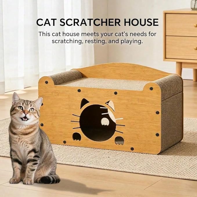Multi-Function Cat Scratcher House Box,3-in-1 Scratch Pad and Soft Bed & Play Cave with Toys, Durable Build & Ideal for Cats/Kitty (Yellow,FX-SFHXM)