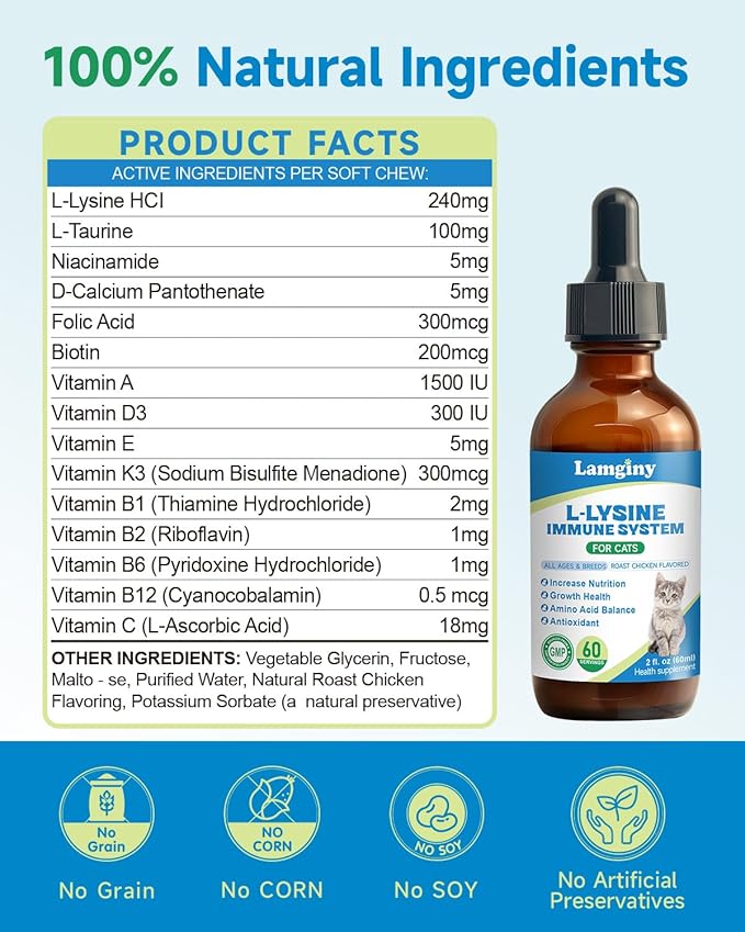 Lysine Supplement for Cat, Immune Support for Cats, with L-Lysine HCI, Niacinamide, L-Taurine, Folic Acid, Vitamins, Runny Nose, Sneezing & Allergy Relief, Respiratory Health, Eye Function Supplement