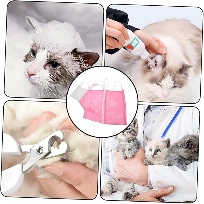 Hemoton Multi-Function Pet Bathing Bag for Cats Mesh Cat Grooming Bag Pull Rope Buckle Easy Bathing Supplies