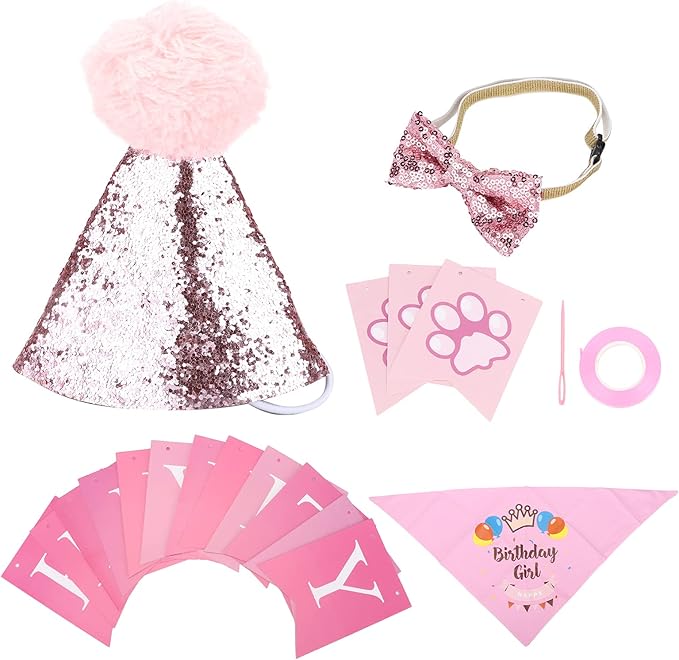 Dog Birthday Scarf Hat Set, Pet Birthday Party Supplies, Adjustable Soft Bandana with Bow Tie and Banner Cards for Puppy Photo Shoots and Celebrations