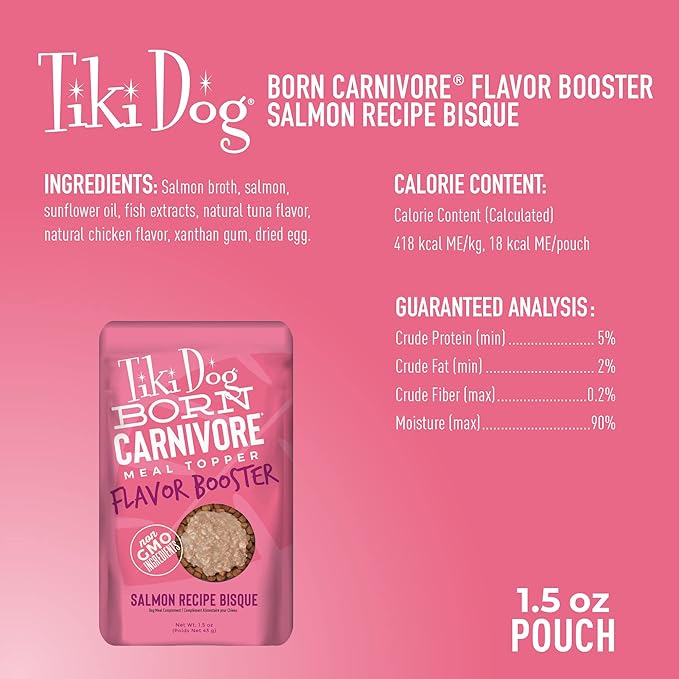 Tiki Dog Born Carnivore Flavor Booster, Salmon Recipe Bisque, Grain Free Meat Based Treat, Meal Topper for All Dog Breeds and All Life Stages, 1.5 oz. Pouch, 12 Count