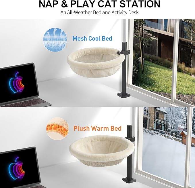 Cat Desk Bed - Machine Washable Reversible Cats Hammock for Large and Kitten - 360° Rotating & Height Adjustable - Supports Up to 45lbs - Indoor Cat Nest Furniture for Office & Game Tables - White