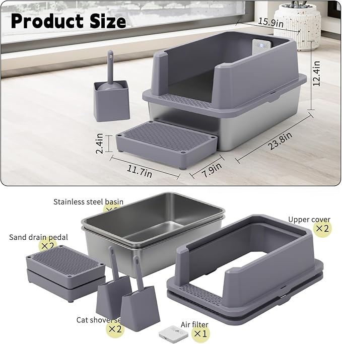 RIZZARI Stainless Steel Litter Box: Gray Leakproof Open Top Tray - Teflon Non-Stick Coating - Large Size Odor Control for Cats Under 20 lbs - with Deodorizer - 2 Pack - for Laundry Room Restroom