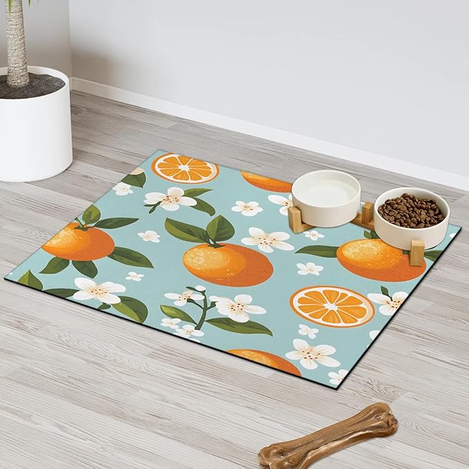 Orange Fruit Dog Food Mat for Floors Absorbent Dog Bowl Mat for Food and Water Dispenser Quick Dry Cat Food Placemat Pet Supplies 12" x 20", Citrus Green Leaves