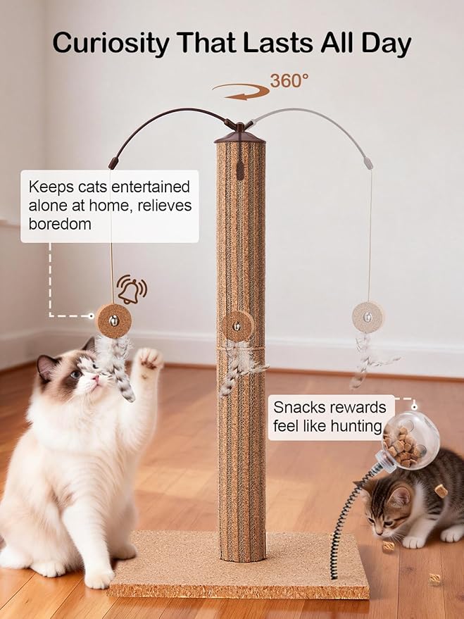 Kitten Claw Friendly Scratching Post Cork & Cardboard Mix Indoor 26" Premium Durable Nature Kittens Scratch Post Tree with Snack Ball & Feather Interactive Toys for Novice Cat Owner