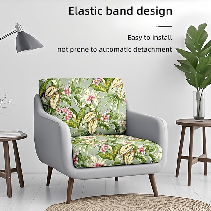 HANDONTIME 8Pcs Outdoor Patio Cushion Covers Green Leaves Pink Floral Stretch Couch Cushion Cover Patio Couch Slipcover for Outdoor Washable Non-Slip Furniture Protector for Pet (Green, Cover Only)