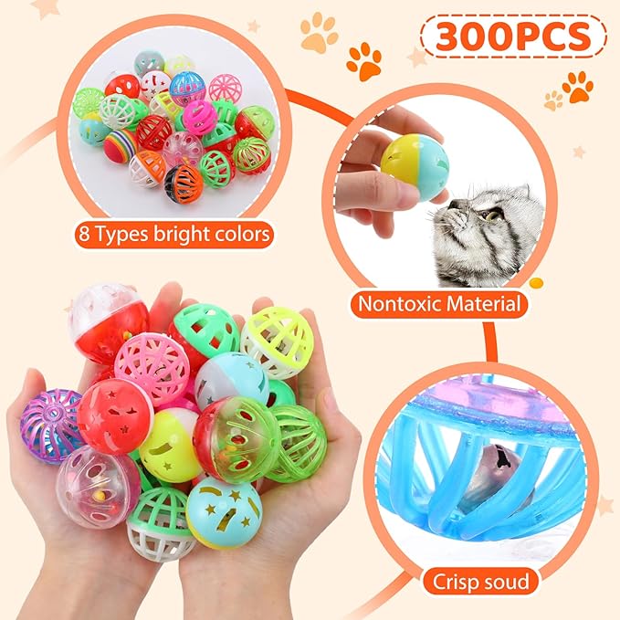300 Pcs Cat Balls Bulk Plastic Lattice Balls Colorful Assorted Pack Kitten Ball with Bells for Indoor Cat Stray Kitten to Chase Pounce Play