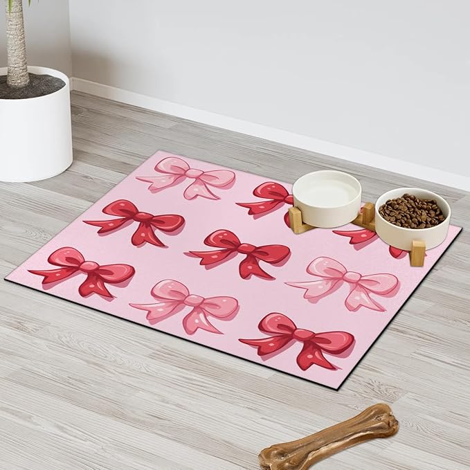 Pink Bow Dog Food Mat for Floors Absorbent, Quick Dry Water Dispenser Mat for Food, Water, Pet Supplies 24" x 32", Red Bowknot
