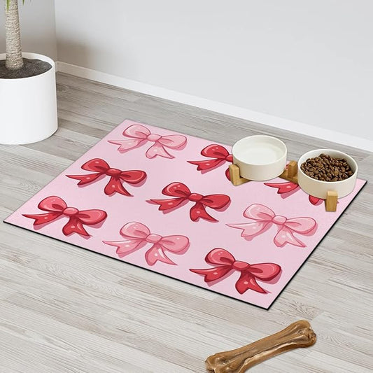 Pink Bow Dog Food Mat for Floors Absorbent, Quick Dry Water Dispenser Mat for Food, Water, Pet Supplies 24" x 32", Red Bowknot