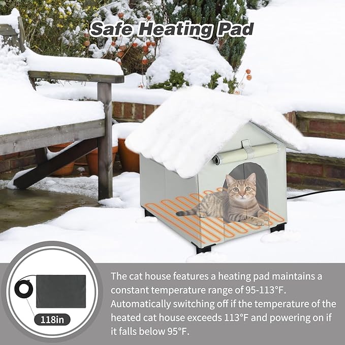 BWOGUE Elevated Heated Cat House for Outdoor Cats in Winter, Waterproof & Insulated Feral Cat Shelter for Outside Cats,Weatherproof Feral Cat House for Outside (Grey, S)