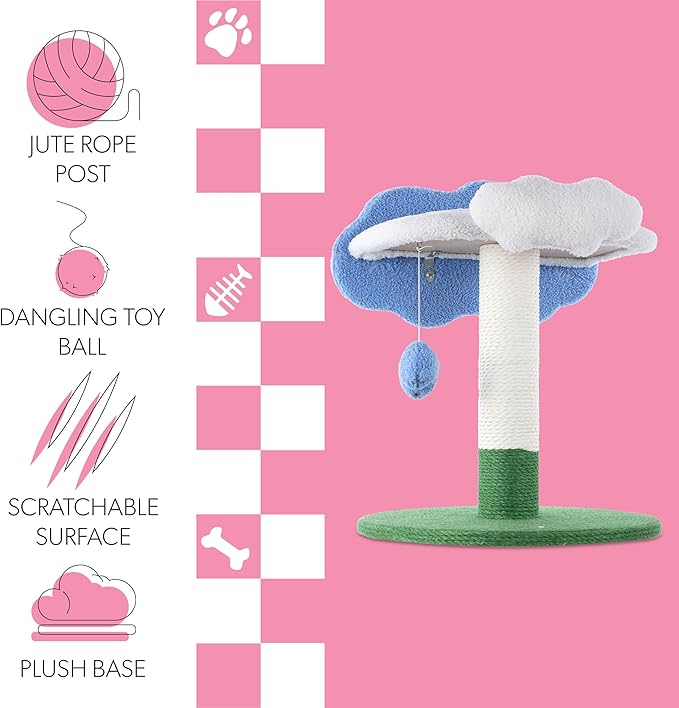 CTR1006A Sami 21.5" Modern Jute Cloud Cat Tree with Scratching Post, and Fuzzy Toy, White/Blue/Green