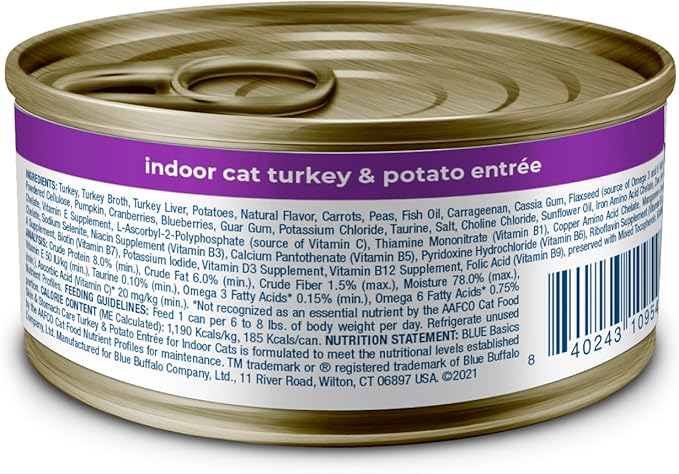 Blue Buffalo Basics Grain-Free Adult Wet Cat Food, Skin & Stomach Care, Limited Ingredient Diet, Turkey Recipe, 5.5-oz Can, 24 Count
