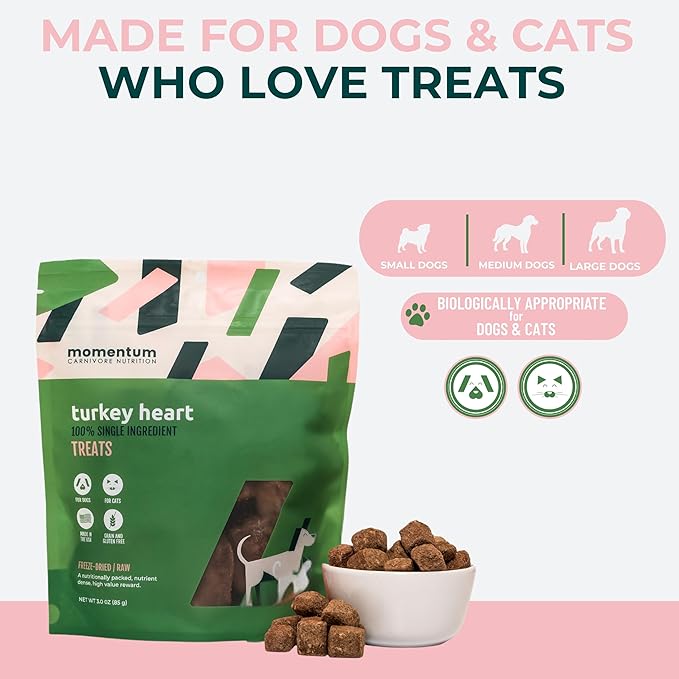 Momentum Carnivore Nutrition Freeze-Dried Turkey Heart Dog Treats & Cat Treats – Single-Ingredient, High-Protein, Grain-Free, Lean & Easily Digestible – Made in USA – 3 oz Bag