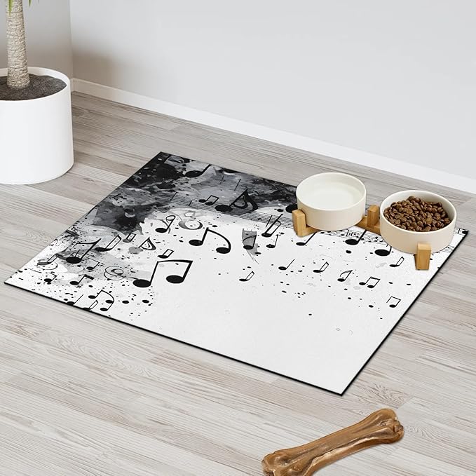 Musical Notes Dog Food Mat for Floors Absorbent Dog Bowl Mat for Food and Water Dispenser Quick Dry Cat Food Placemat Pet Supplies 24" x 32", Black Music Note
