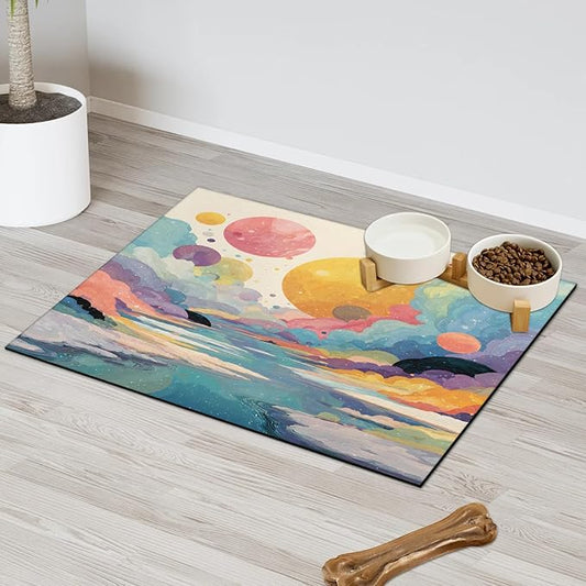 Colorful Mountain Dog Food Mat for Floors Absorbent, Quick Dry Water Dispenser Mat for Food, Water, Pet Supplies 16" x 24", Polka Dots
