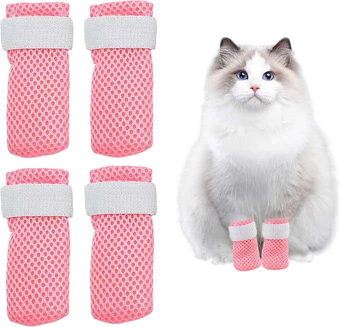 Anti-Scratch Cat Foot Covers - Adjustable Mesh Paw Protectors, Non-Slip, Breathable - Suitable for Family Pet Cat Bathing and Nail Cutting (4 Pieces, L, Pink)