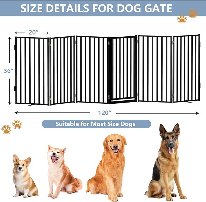 Full Metal Freestanding Dog Gates with Door, 36" Height Dog Fences for Indoor & Outdoor, Extra Wide Foldable Pet Gates for Stairs, Hallways, Doorways, Yard (6 Panels, 120" W × 36" H)