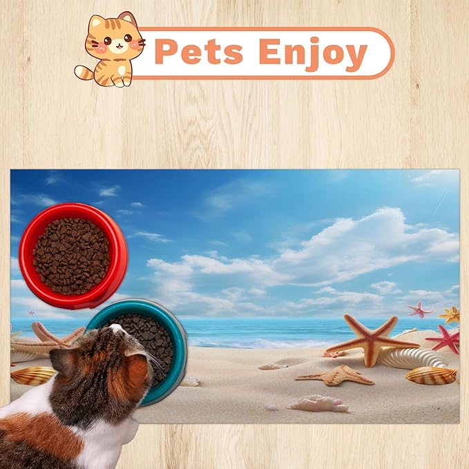 Seashell Starfish Dog Food Mat for Floors Absorbent, Quick Dry Water Dispenser Mat for Food, Water, Pet Supplies 17" x 30", Nautical Coastal