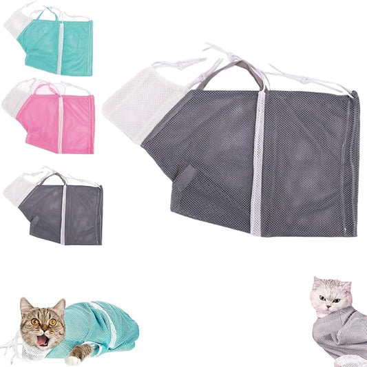 Multifunctional Cat Mesh Bathing Bag, Anti-Bite and Anti-Scratch with Zipper and Drawstrings, Adjustable Breathable Polyester Mesh Restraint for Bathing, Nail Trimming (Grey)