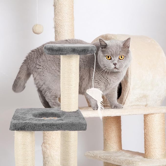 BESTonZON Multi-Layer Sisal Cat Scratcher with Mouse Three-Tier Sturdy Kitten Climbing Tower Gray Cat Scratch Post for Indoor and Daily Use