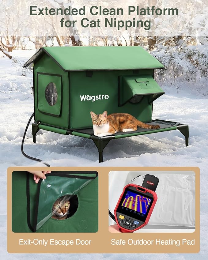 Large Heated Cat House for Outside with Dampless Deck, Highly Elevated, Exit-Only Door, Waterproof Insulated Outdoor Cat Shelter for Feral Stray Barn Cat