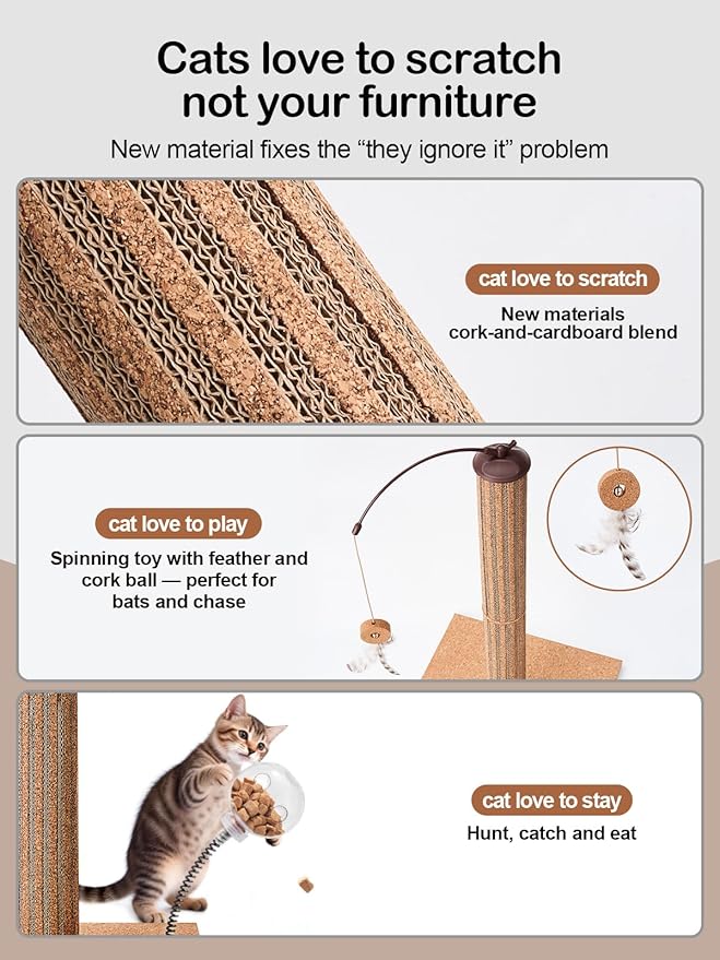 Kitten Claw Friendly Scratching Post Cork & Cardboard Mix Indoor 26" Premium Durable Nature Kittens Scratch Post Tree with Snack Ball & Feather Interactive Toys for Novice Cat Owner