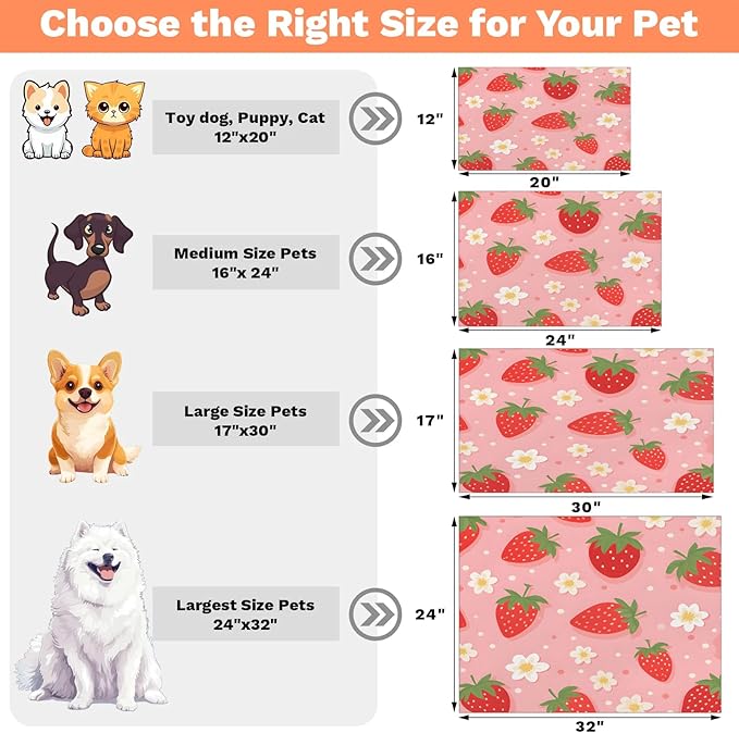 Red Strawberry Dog Food Mat for Floors Absorbent Dog Bowl Mat for Food and Water Dispenser Quick Dry Cat Food Placemat Pet Supplies 24" x 32", Flower