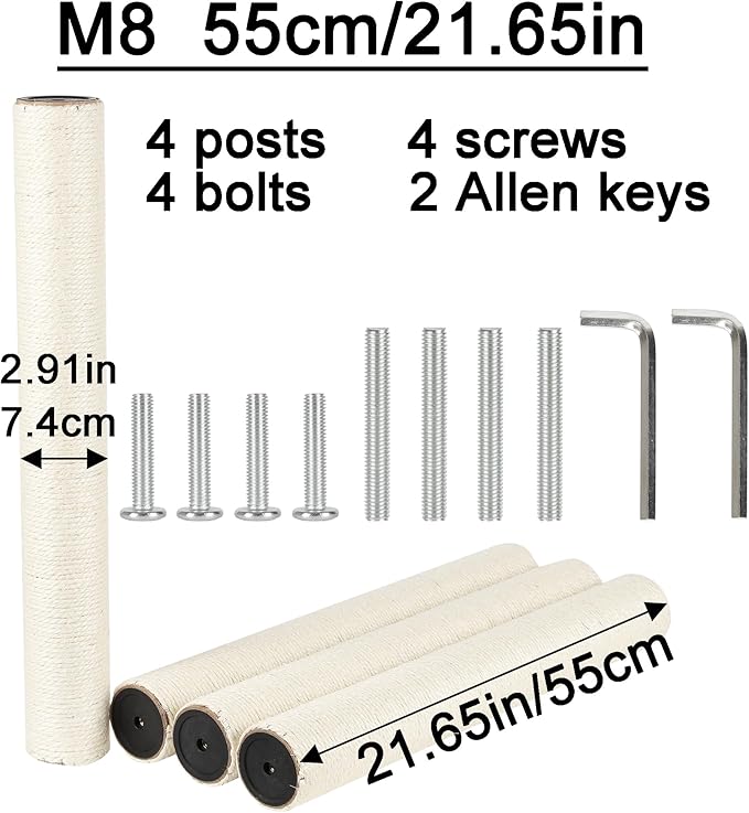 4 Pcs Cat Scratching Post Replacement Pole Parts (55cm/21.65in, M8)