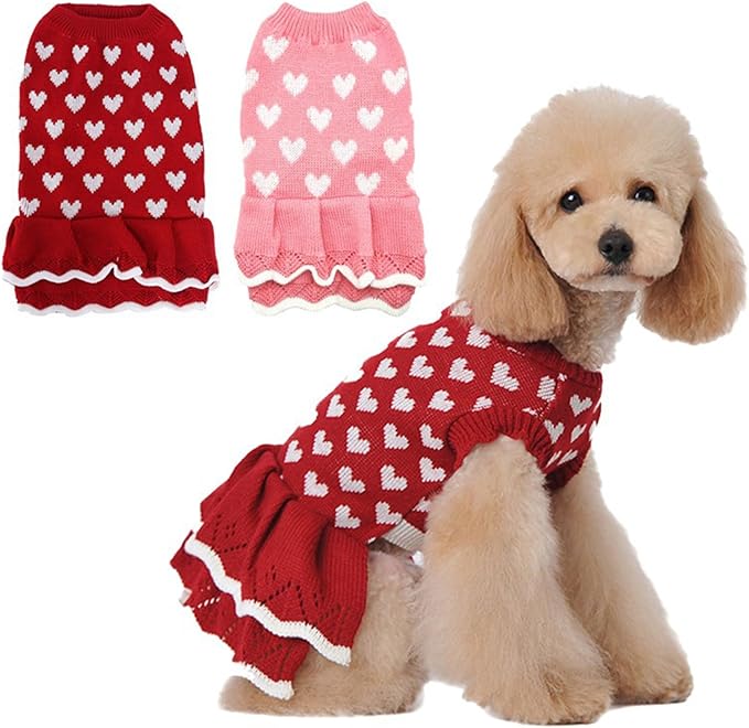 Lovely Heart Pattern Designs Dog Sweater Dress for Valentines Day Small Pet Winter Knitwear Birthday Gift Supply Knitdress