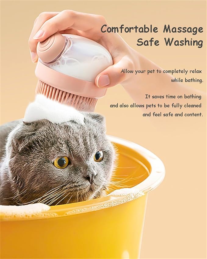 Dog Cat Bath Brush, Pet Shower Massage Brush with Soap Shampoo Dispenser Pet Grooming Massage Rubber Multifunctional Pet Beauty Cleaning Brush Soft Bristle for Long Short Haired Dog Cat Shower, Pink