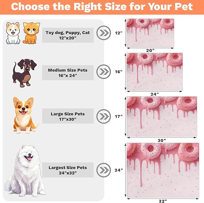 Ice Cream Dog Food Mat for Floors Absorbent Dog Bowl Mat for Food and Water Dispenser Quick Dry Cat Food Placemat Pet Supplies 12" x 20", Pink Donut