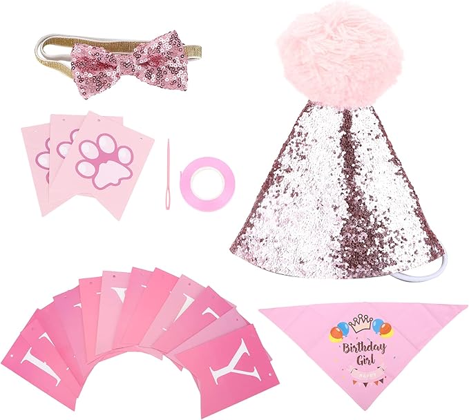 Adjustable Dog Birthday Scarf Hat Set, Pet Birthday Party Supplies, Soft Cotton Polyester Bandana with Bow Tie and Banner Cards for Puppy Photo Shoots and Celebrations