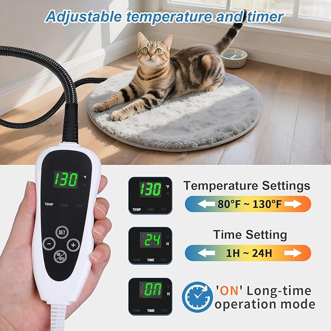 Cat Heating Pad Round-16 in with Smart Thermostat Switch and Power Line Protection Tube,Obtained MET and UL Dual Certification,Waterproof Pet Heating Pad for Cats, with Long Velvet Cloth Cover