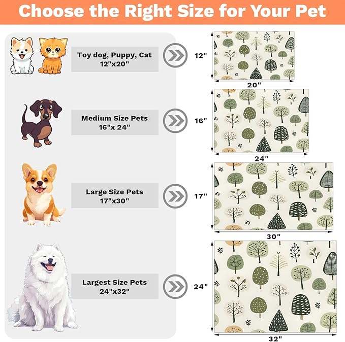 Cute Tree Dog Food Mat for Floors Absorbent, Quick Dry Water Dispenser Mat for Food, Water, Pet Supplies 16" x 24", Green Plant