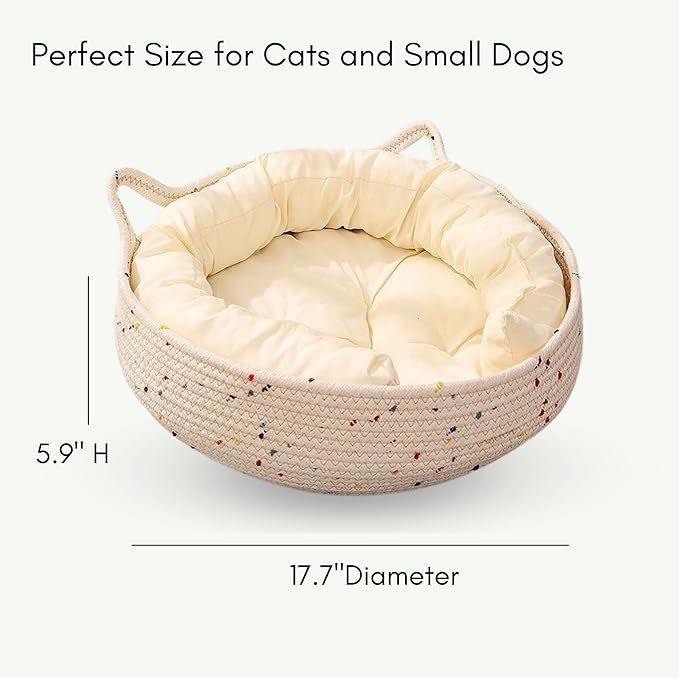 Cat Bed for Indoor Cats – Round Washable Basket with Soft Cushion & Scratchable Sides, Cozy Woven Kitten Bed, 17.7” x 5.9”