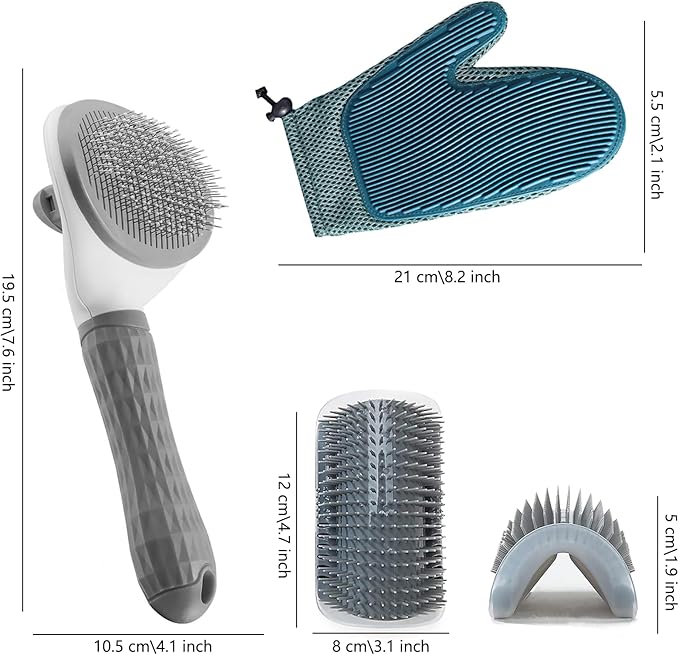 4-Piece Cat Grooming Set: Self-Cleaning Slicker Brush, Brush Glove, and 2 Wall Scratchers for Shedding, Detangling, and Relaxing Care for Cats with All Fur Types.