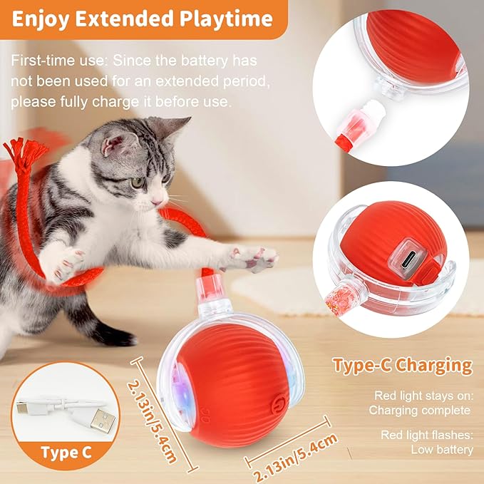 Interactive Cat Toys for Indoor Cats Smart Automatic Ball Rolling for Bored Kitten Pet Upgraded Speedy Moving Chase Dogs Toy Valentine's Day Gift Red