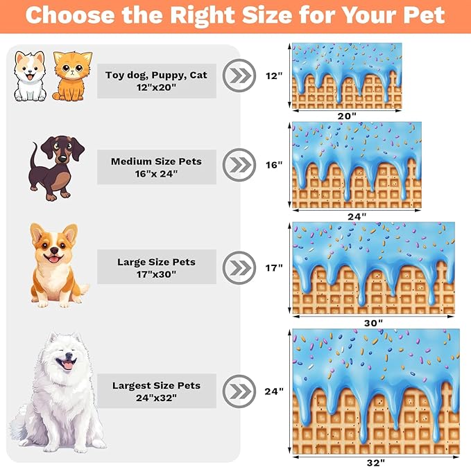 Blue Ice Cream Dog Food Mat for Floors Absorbent Dog Bowl Mat for Food and Water Dispenser Quick Dry Cat Food Placemat Pet Supplies 16" x 24", Waffle