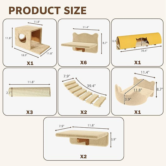 16-in-1 Cat Wall Shelves, Wall Mounted Cats Furniture Set w/Plush Fabric, Cat Climbing Wall Systems, Cats Shelf with 40''L Tunnel, Condos, House, Steps, Bridge Ladder & Scratching Post, Beige