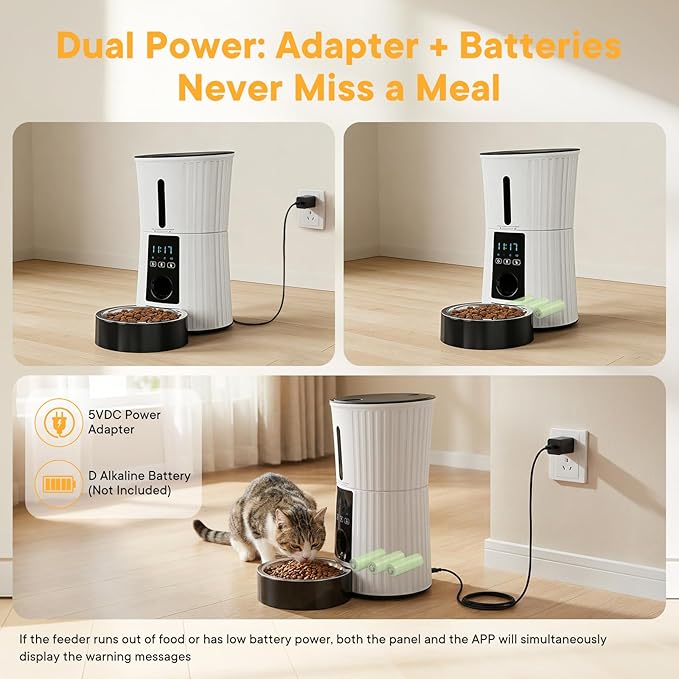 NEWBULIG Automatic Cat Feeder, 4L Timed Pet Feeders with 10s Voice Recorder, Dog Food Dispenser with APP Control, Dry Food, 10 Meals, Programmable 50 Portions, Dual Power Supply, Desiccant Bag
