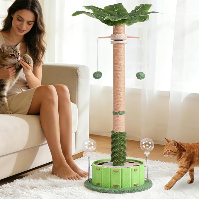 40" Tall Cat Scratching Post, Scratching Posts for Indoor Cats Adults and Kittens with Rotating Hanging Ball, Interactive Cat Puzzle Toy and Spring Cat Treat Dispenser, Palm Tree Scratch Post for Cats