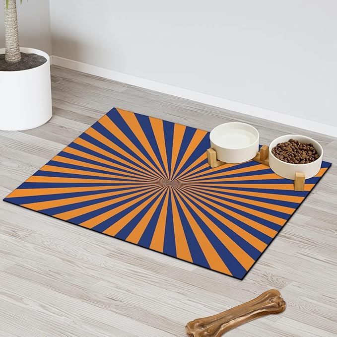 Striped Dog Food Mat for Floors Absorbent, Quick Dry Water Dispenser Mat for Food, Water, Pet Supplies 16" x 24", Blue Yellow