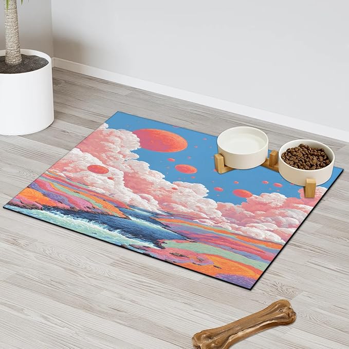 Cloud Dog Food Mat for Floors Absorbent, Quick Dry Water Dispenser Mat for Food, Water, Pet Supplies 16" x 24", Lake Tree