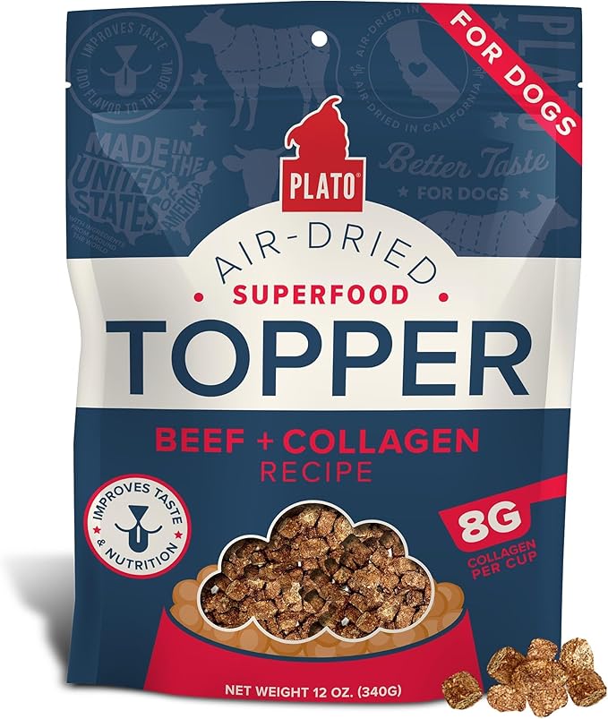 Plato Pet Treats Dog Food Toppers - Air-Dried Dog Food Toppers for Dry Food - with Collagen to Support Skin and Coat Health - Beef and Collagen Recipe 12oz