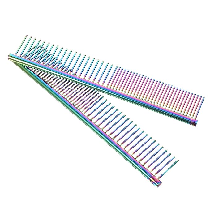 2pcs Stainless Steel Pet Comb for Cats and Dogs, Iridescent Metal Grooming Comb with Rounded Teeth for Shedding and Detangling, Professional Hair Brush for Long and Short Hair Pets