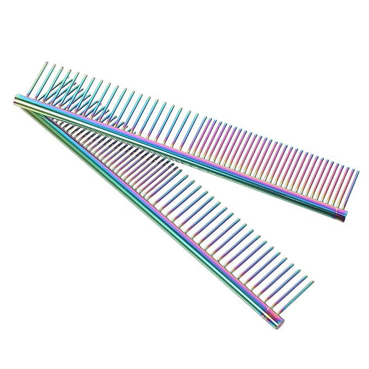 2pcs Stainless Steel Pet Comb for Cats and Dogs, Iridescent Metal Grooming Comb with Rounded Teeth for Shedding and Detangling, Professional Hair Brush for Long and Short Hair Pets