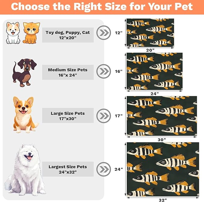 Fish Dog Food Mat for Floors Absorbent Dog Bowl Mat for Food and Water Dispenser Quick Dry Cat Food Placemat Pet Supplies 12" x 20", Fish Print