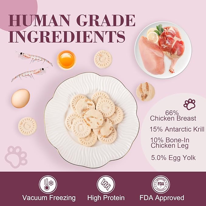 Dylan's cabin Freeze Dried Chicken Cat & Dog Treats - High Protein Krill Bites with Bone-in Thigh, Egg Yolk Training Kitten Puppy Snack for Coat Oral Health,20pcs