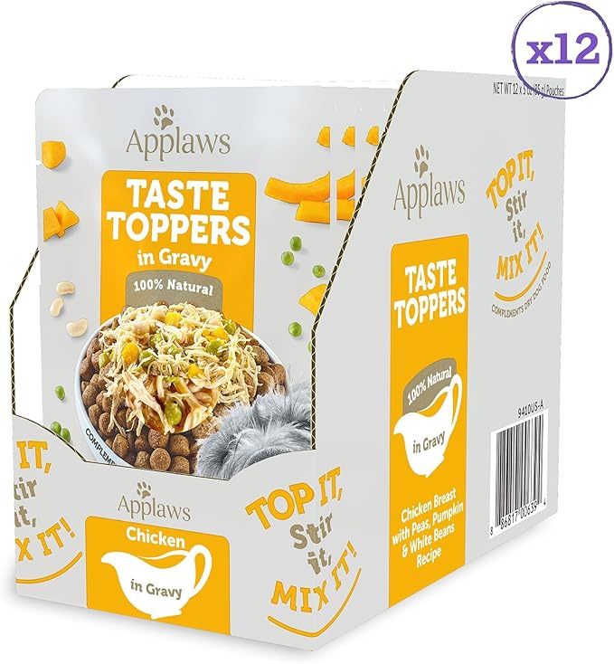 Applaws Taste Toppers, Limited Ingredient Dog Food Topper, Chicken with Peas & Pumpkin in Gravy (12 x 3oz Pouches)